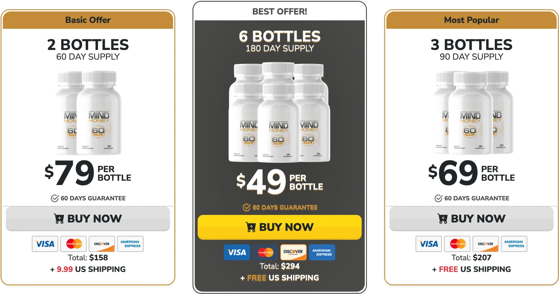 MindHoney 60 Pro pricing graphic showing two, three, and six bottle packages