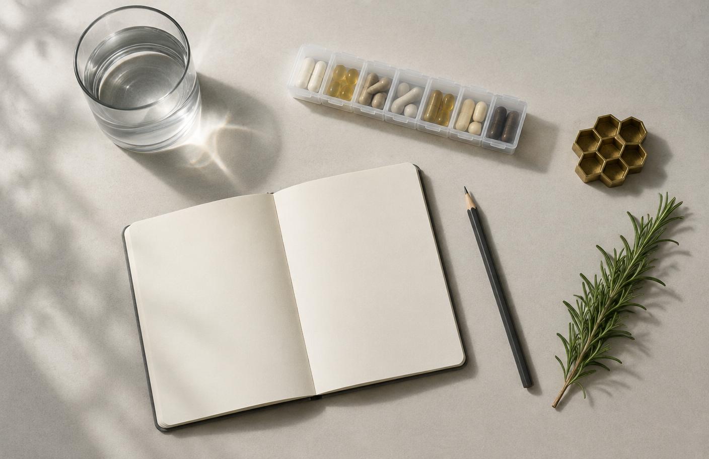 Glass of water, capsule organizer, notebook, pencil, and rosemary arranged for a daily wellness routine