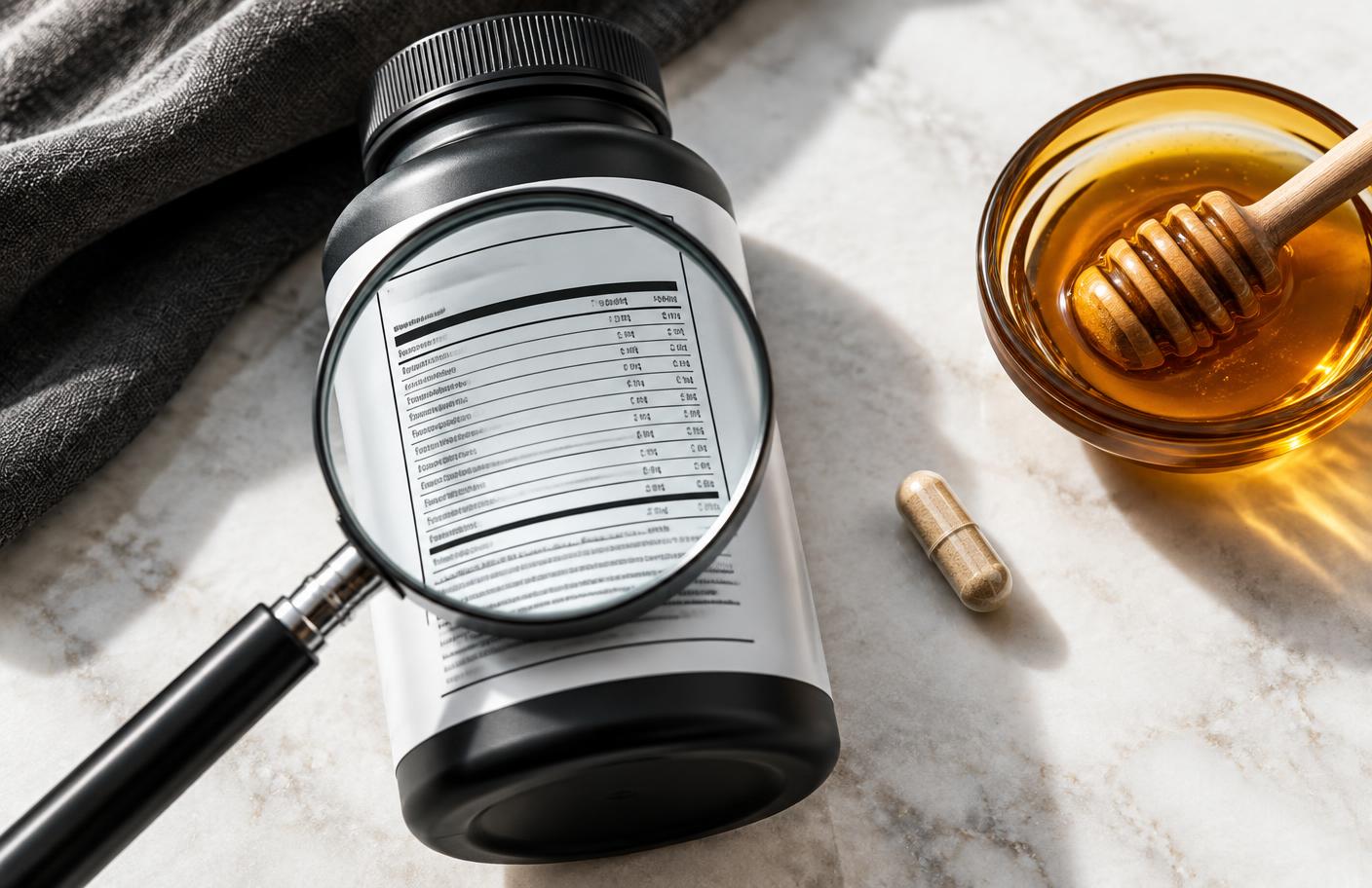 Magnifying glass over a generic supplement label beside a capsule and honey
